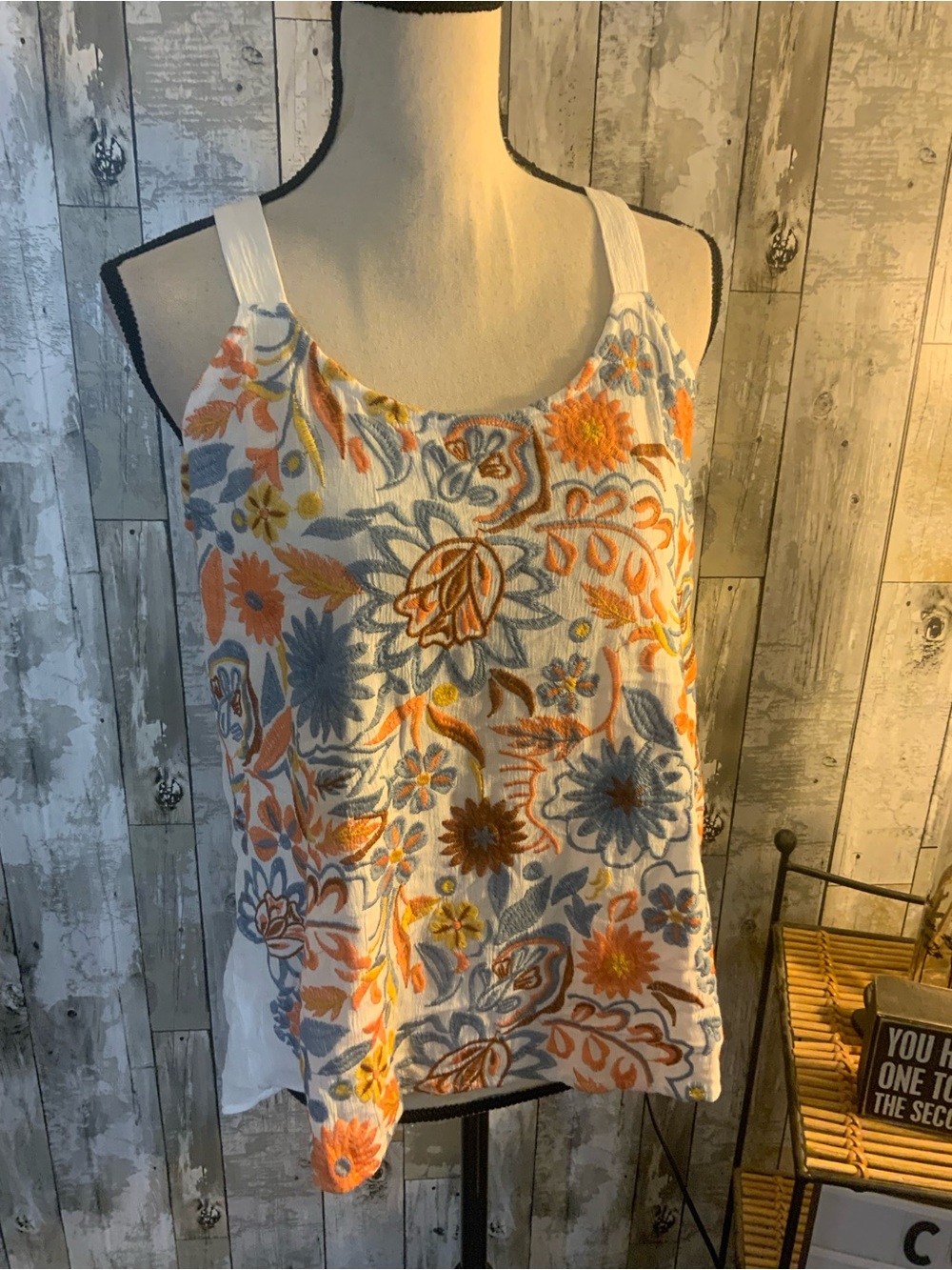 Maurices White Camisole with Orange & Blue Floral Embroidery